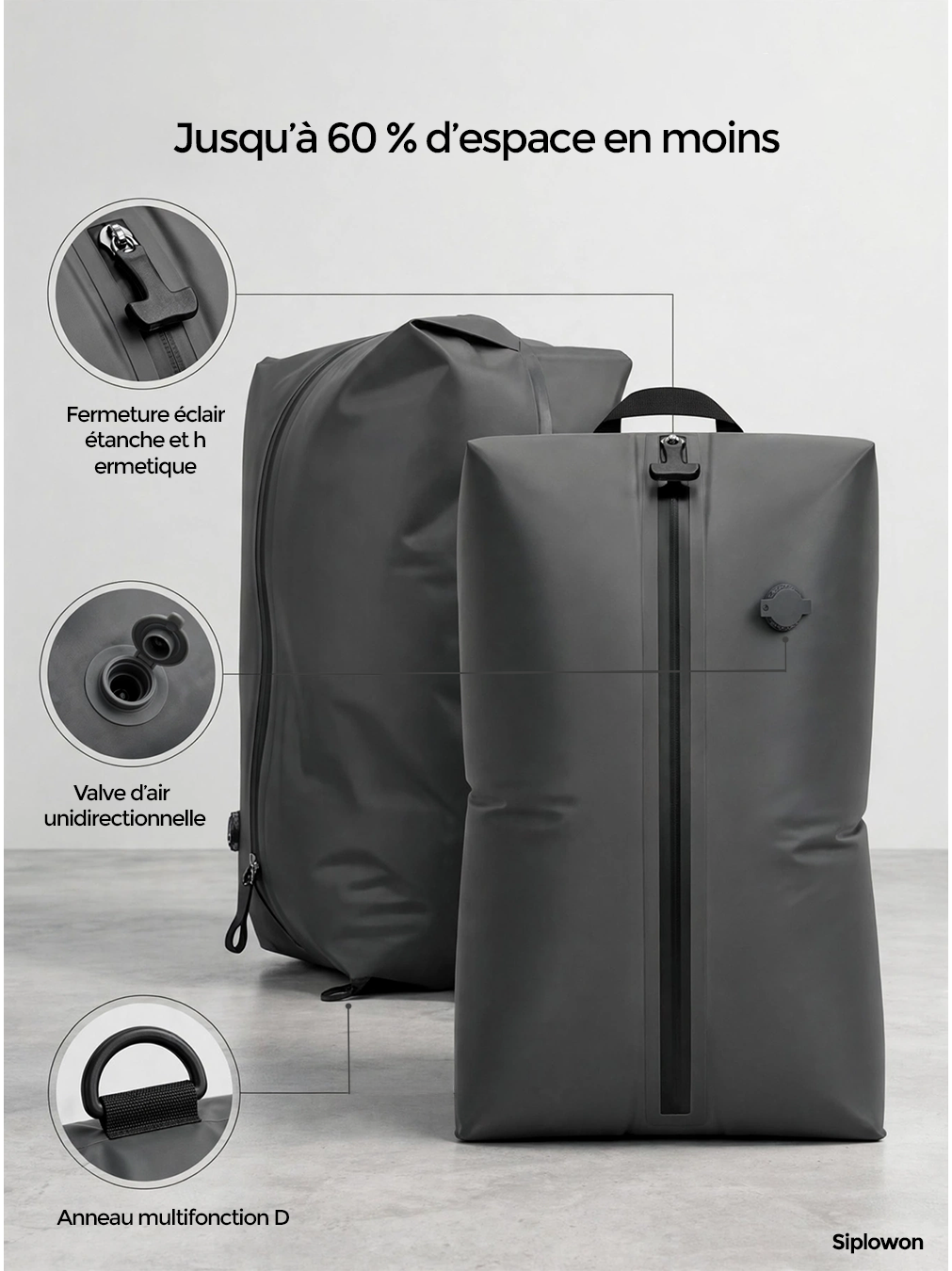 Caractéristiques du sac à dos étanche noir : zip hermétique, valve d'air unidirectionnelle, anneau en D